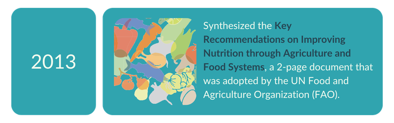 2013 — Synthesized the Key Recommendations on Improving Nutrition through Agriculture and Food Systems, adopted by FAO.